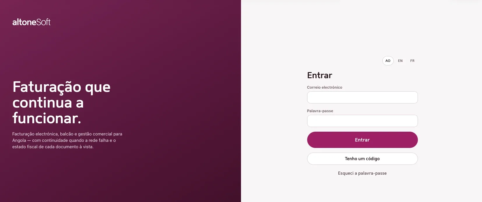 O ecrã de entrada do altoneSoft, com selector de língua entre português de Angola, inglês e francês.