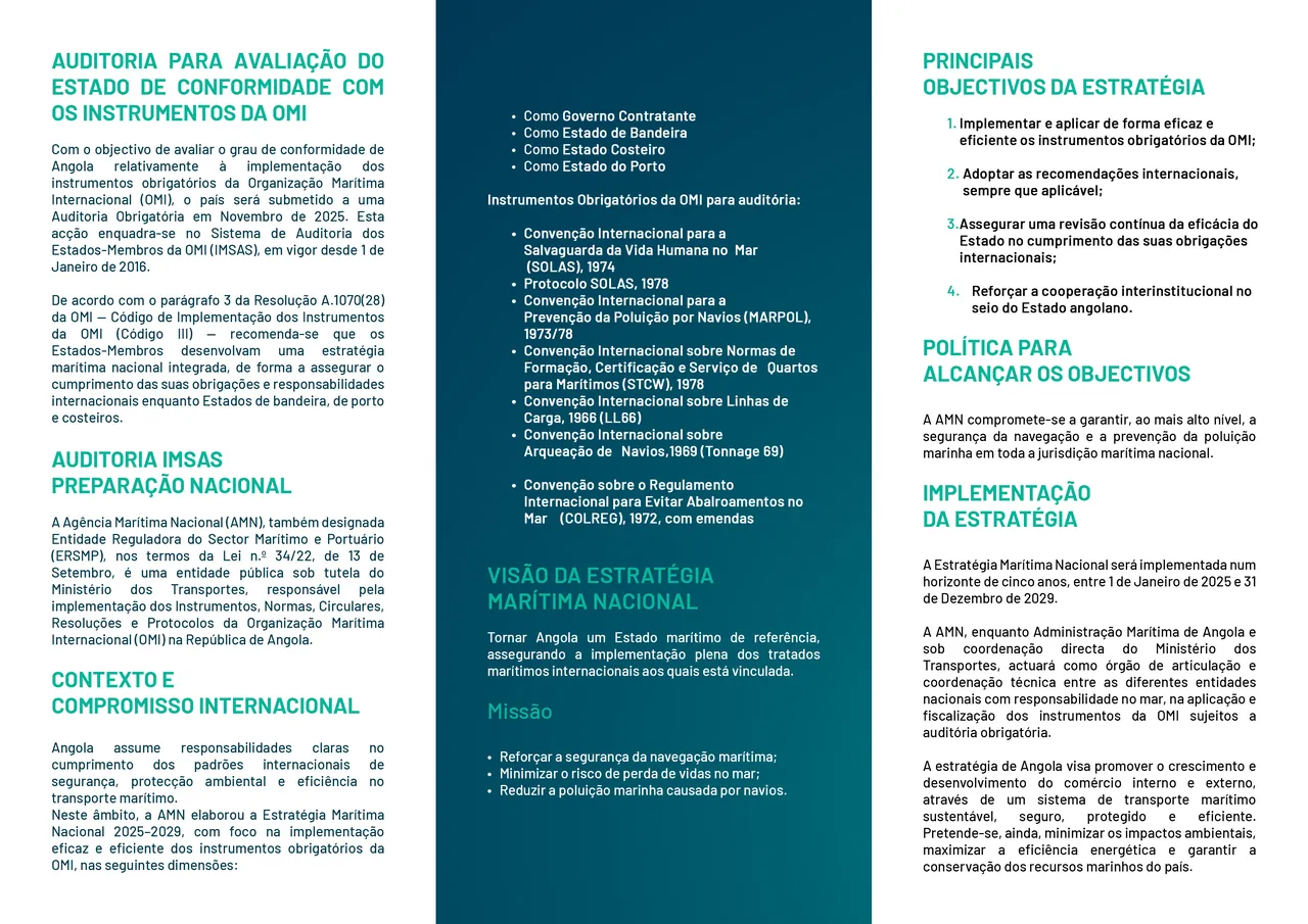 O interior do desdobrável, com os objectivos da auditoria e a estratégia marítima nacional.