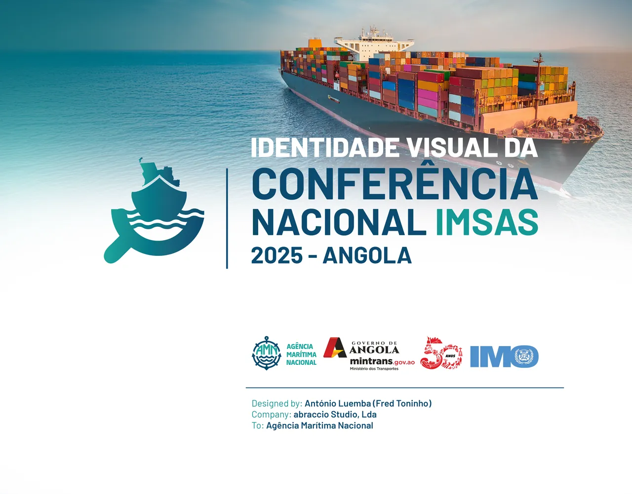 Capa da apresentação da identidade visual da conferência, sobre a fotografia de um porta-contentores.