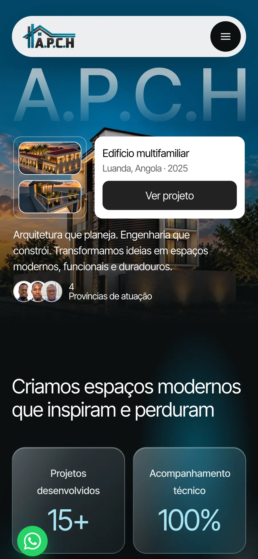 O site da A.P.C.H no telemóvel, com o atalho de WhatsApp fixo no canto.
