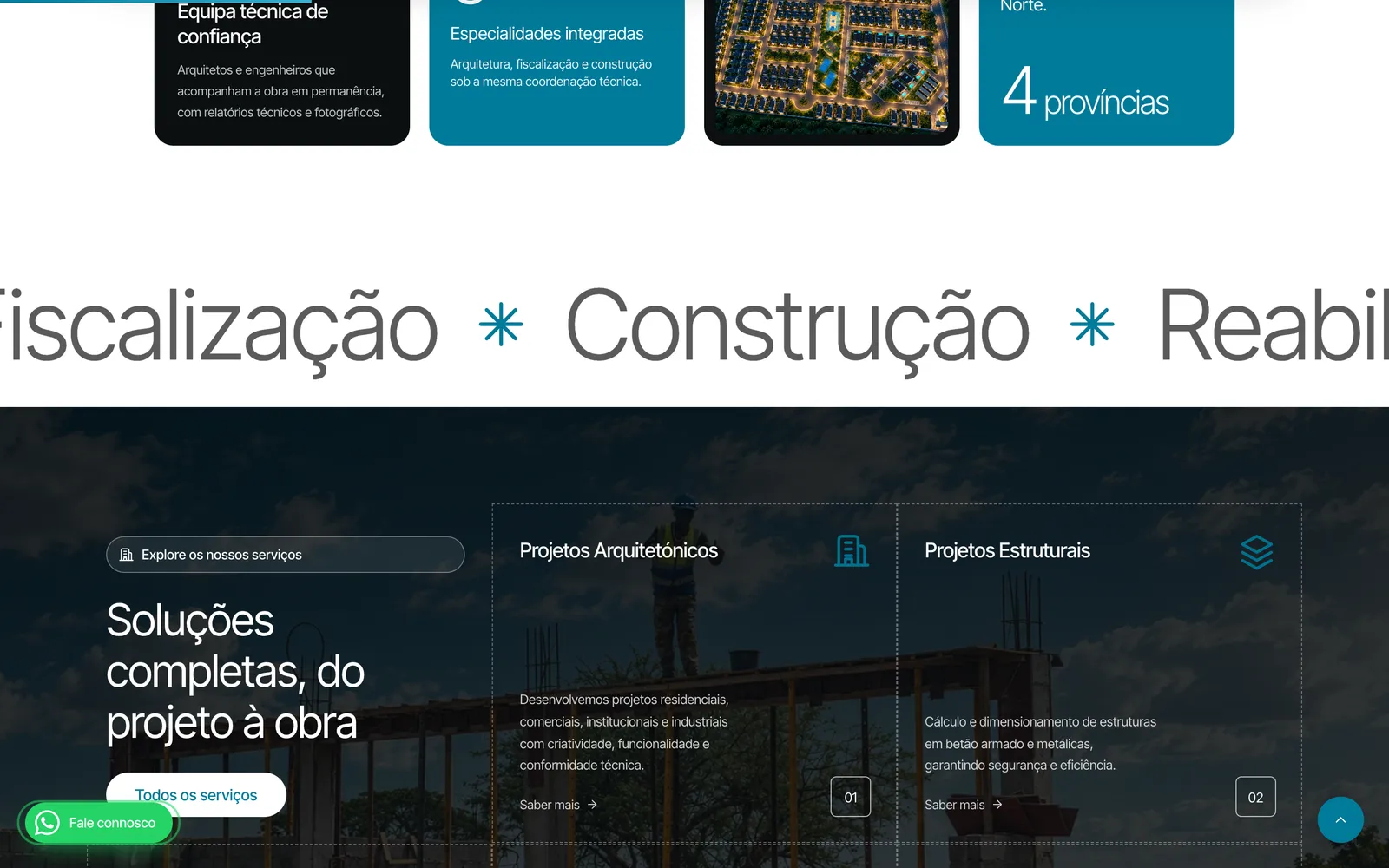 A secção de serviços, com os cinco serviços da empresa numerados e descritos.