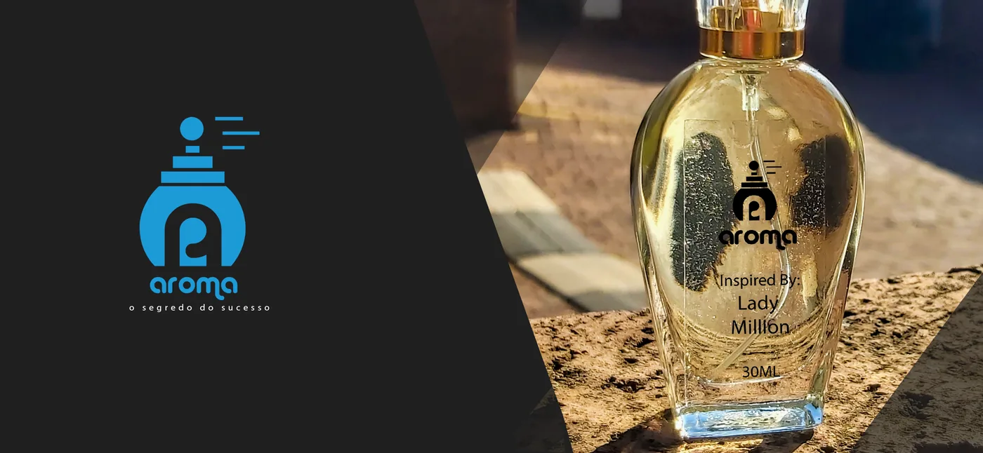Fotografia de produto: frasco de perfume dourado com a marca Aroma.