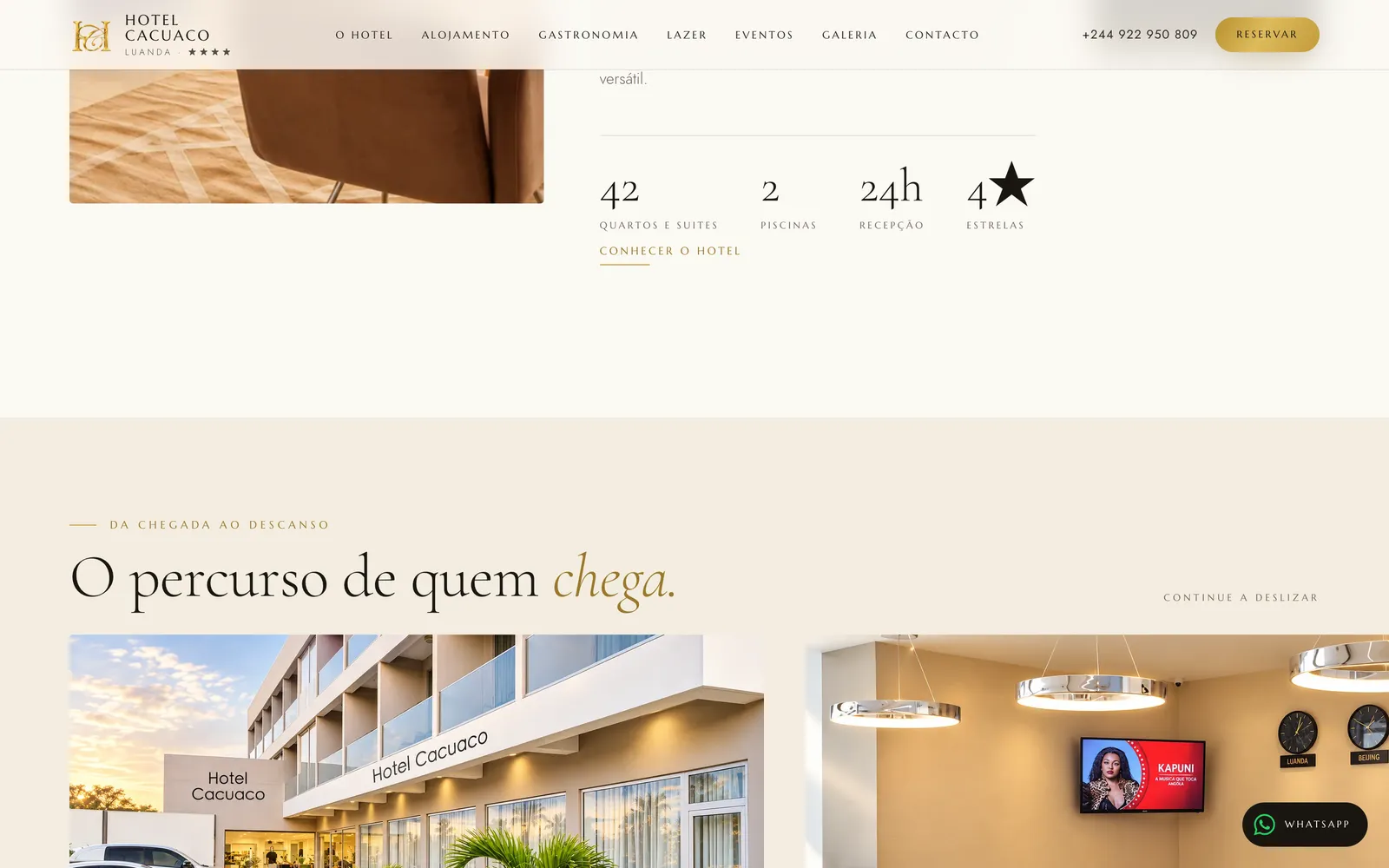 As quatro áreas do hotel: alojamento, gastronomia, lazer e eventos, cada uma com a sua entrada.