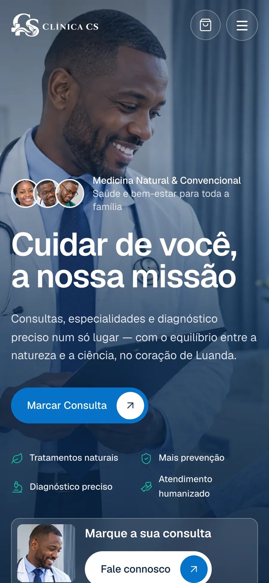 O site da Clínica CS no telemóvel, com o menu e o botão de marcação sempre acessíveis.