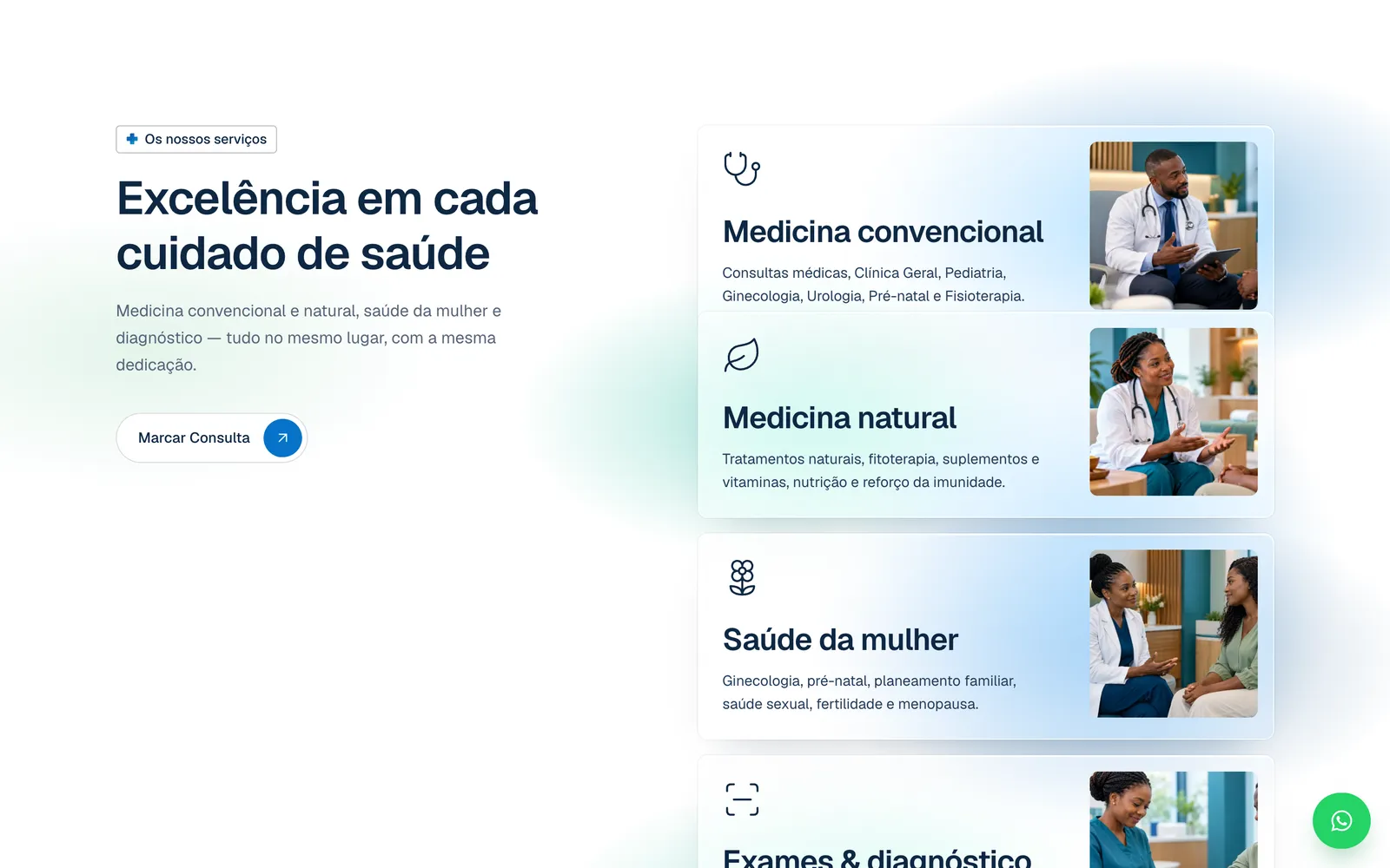A secção de serviços do site, com medicina convencional, medicina natural, saúde da mulher e exames e diagnóstico.