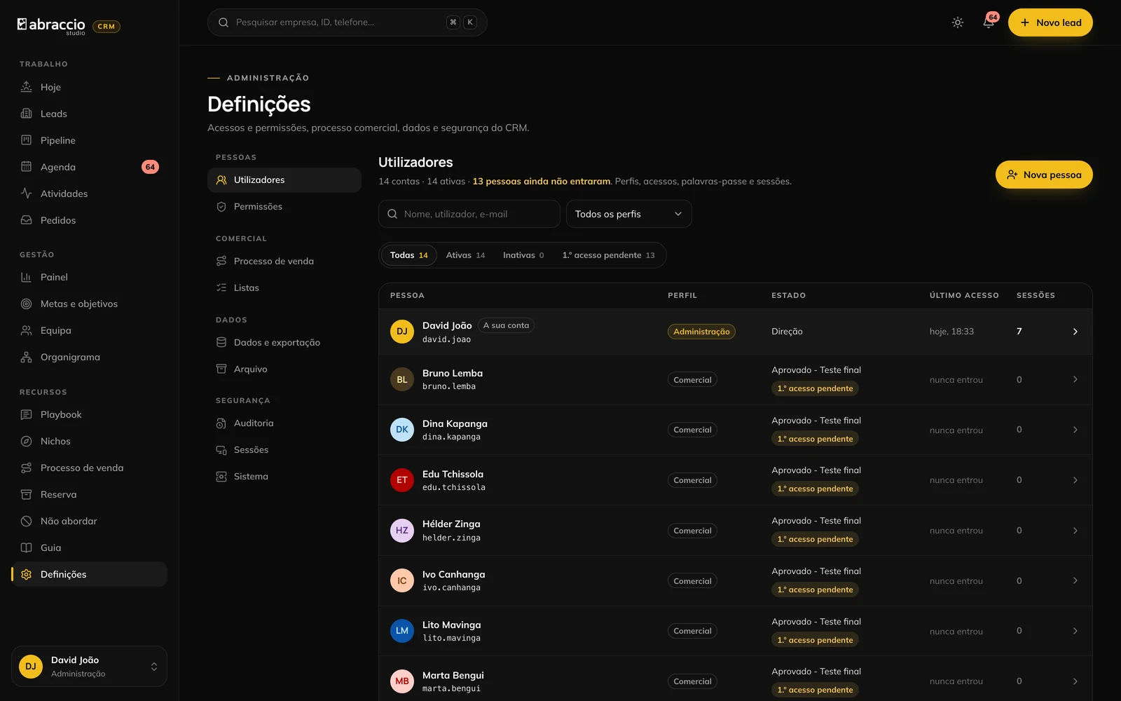 As definições, com listas, permissões e registo de auditoria.