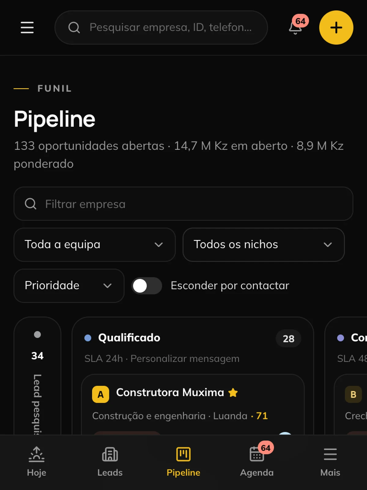 O funil no telemóvel, com uma coluna de cada vez.