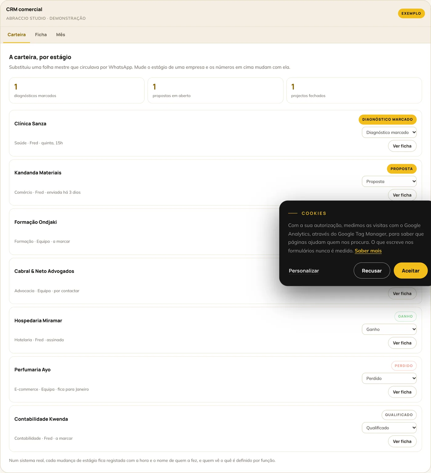 A demonstração do CRM, com a carteira por estágio e os números do mês.