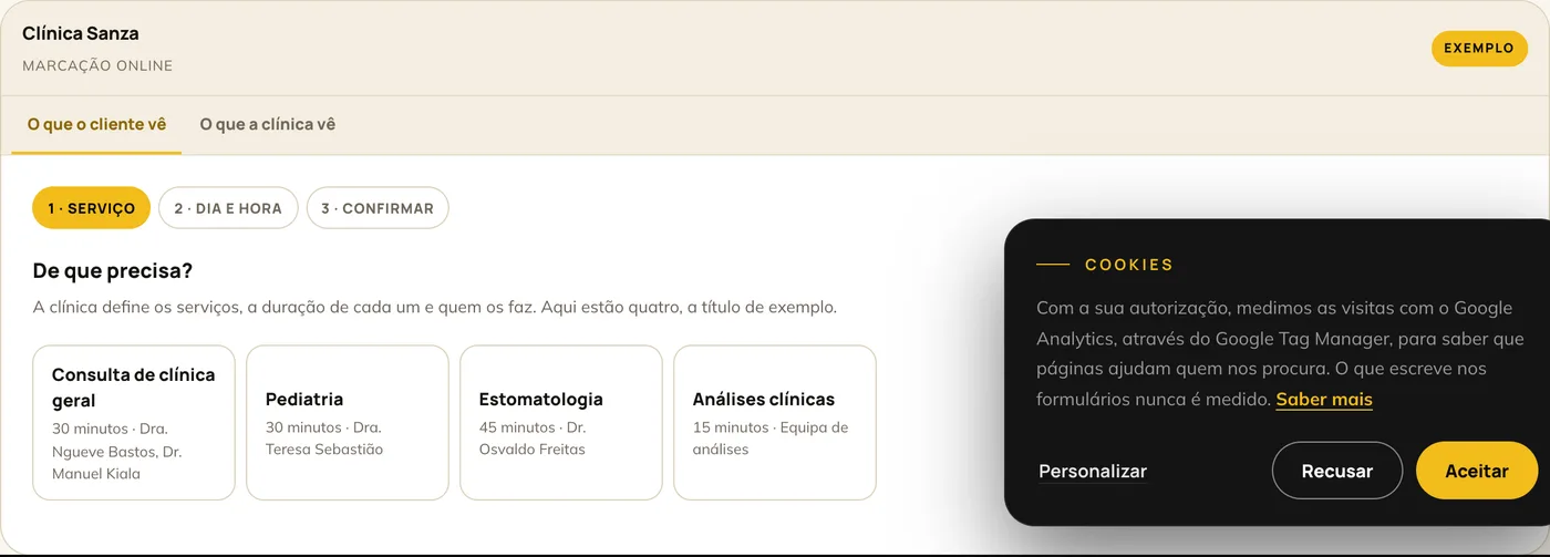 A demonstração de marcações, com a escolha de serviço, dia e hora.