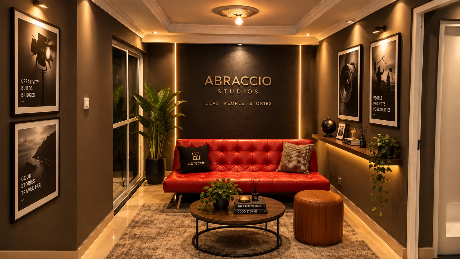Sala de espera do estúdio: sofá vermelho encostado à parede com o nome da Abraccio, mesa redonda com plantas e livros, e fotografias emolduradas nas paredes laterais.