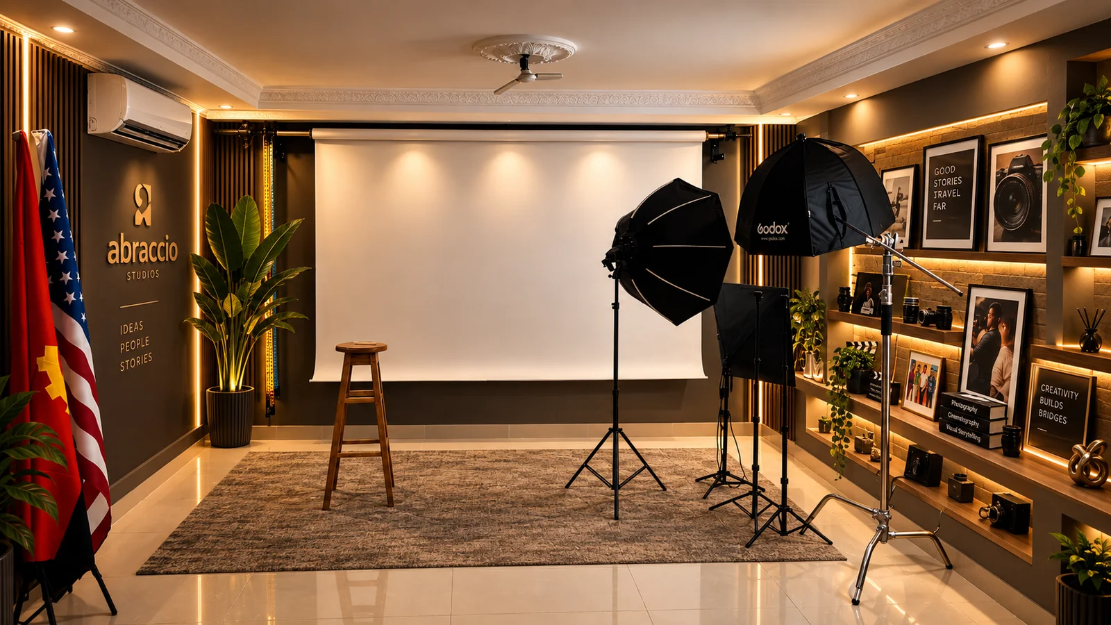 Sala de fotografia 1: fundo branco de rolo com um banco de madeira à frente, dois softboxes e uma girafa, prateleiras iluminadas com fotografias e câmaras à direita, bandeiras à esquerda.