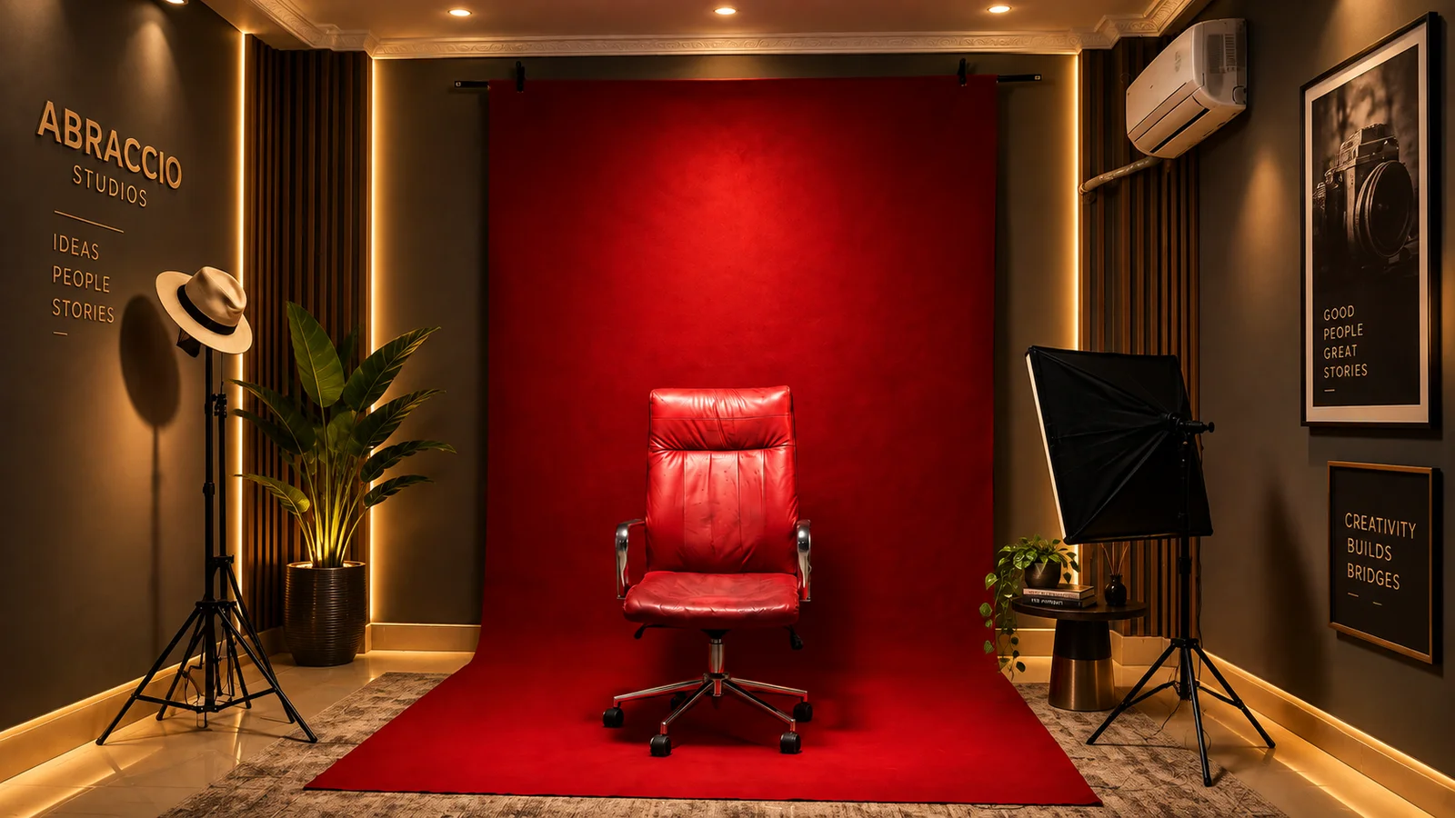 Sala de fotografia 2: fundo de papel vermelho de parede ao chão com uma cadeira executiva vermelha ao centro, softbox à direita, tripé com um chapéu pousado à esquerda e o nome da Abraccio na parede.