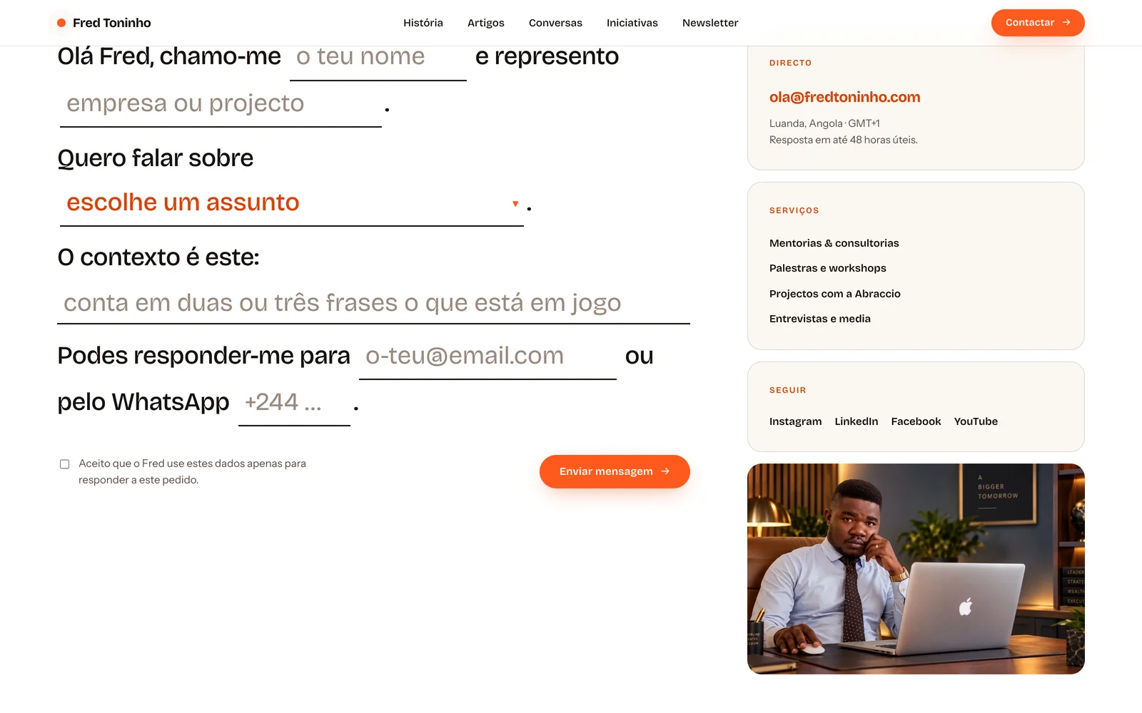 A página de contacto, com o formulário em forma de carta.