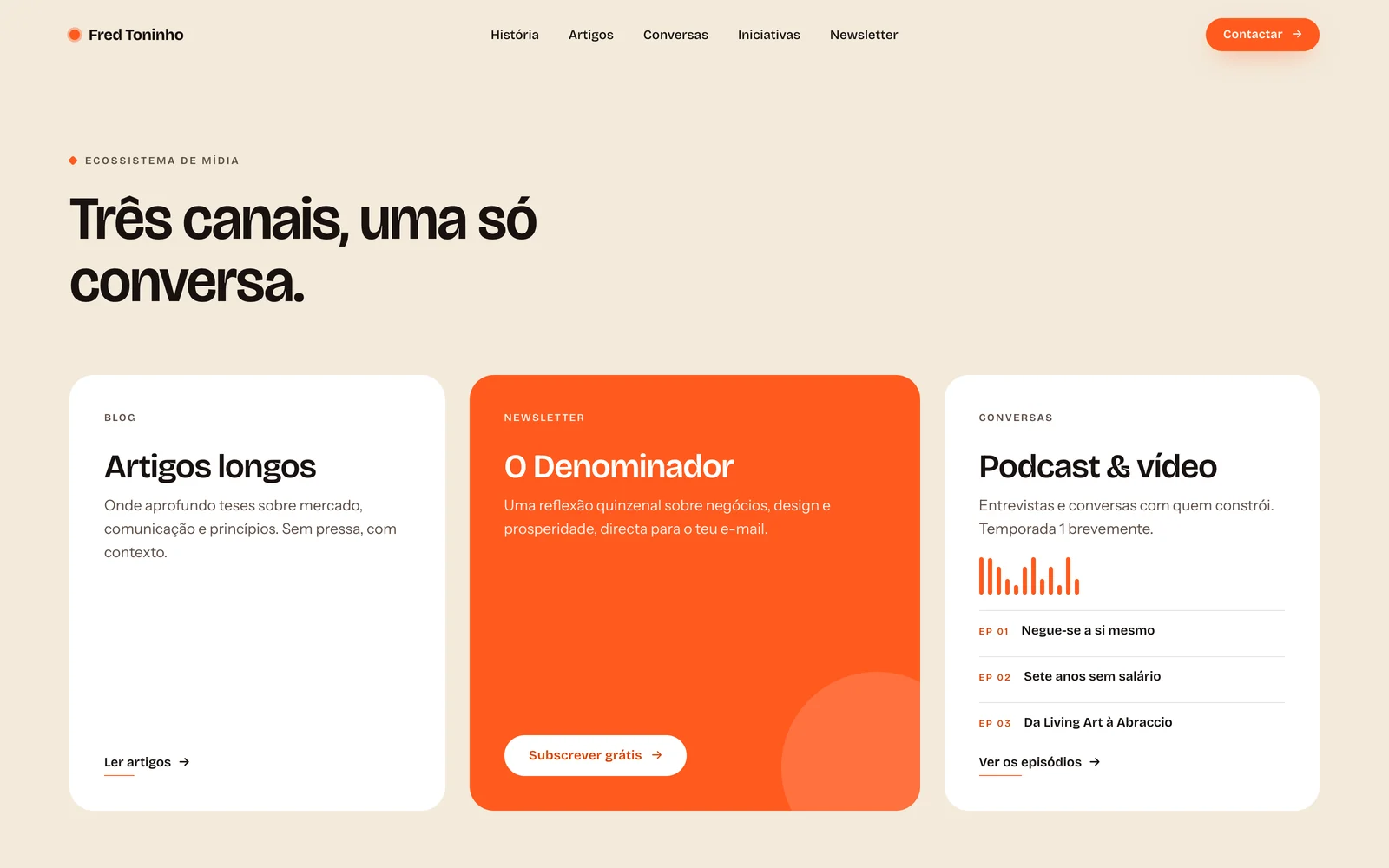 A secção «Conversas» da página inicial, com os três canais.