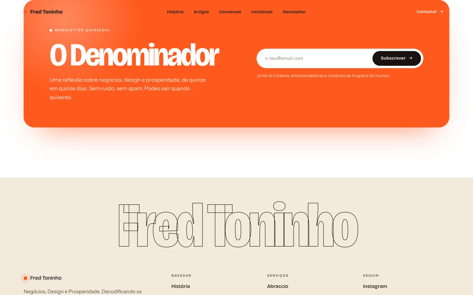 A faixa da newsletter «O Denominador» na página inicial.