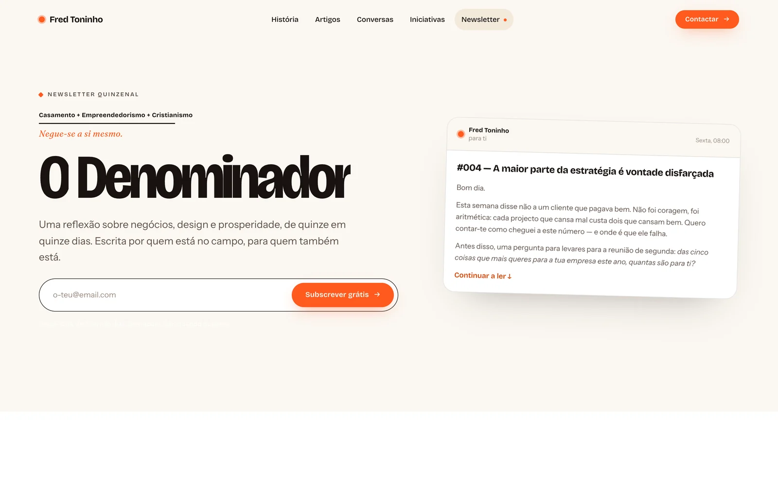 A página da newsletter, com o que se recebe e a caixa de subscrição.
