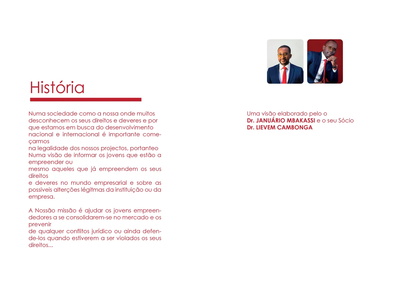 A página de história do manual, com o texto da firma e os retratos dos dois sócios.