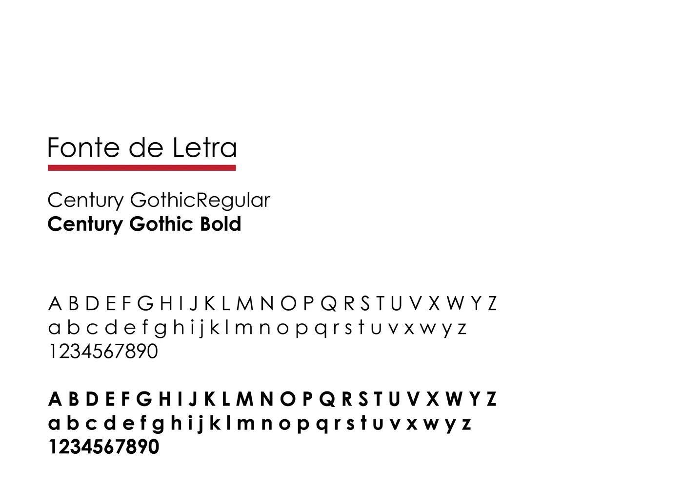 A página de tipografia do manual: Century Gothic Regular e Bold.