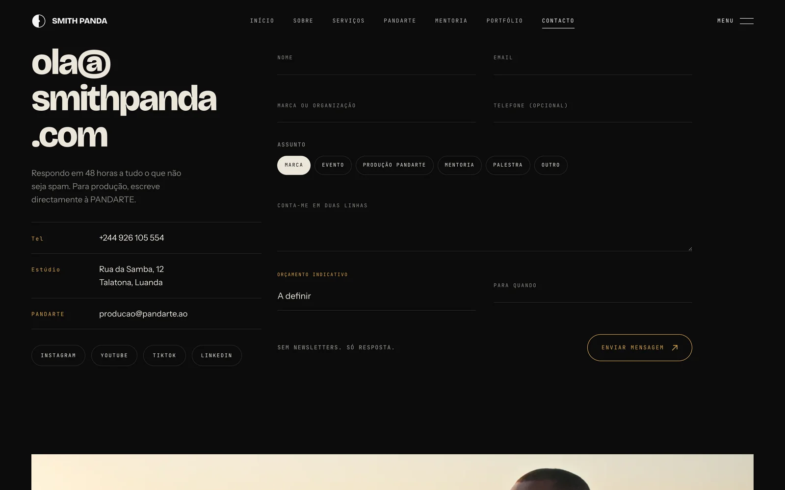 Página de contacto, com o endereço de e-mail em grande, os contactos do estúdio e o formulário.