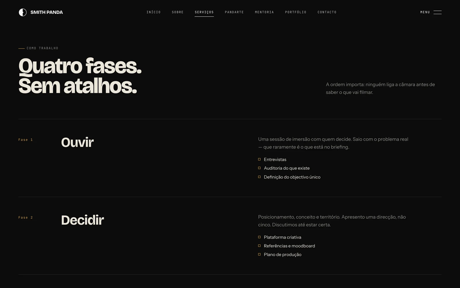 A secção «Quatro fases. Sem atalhos.», com as fases Ouvir e Decidir.
