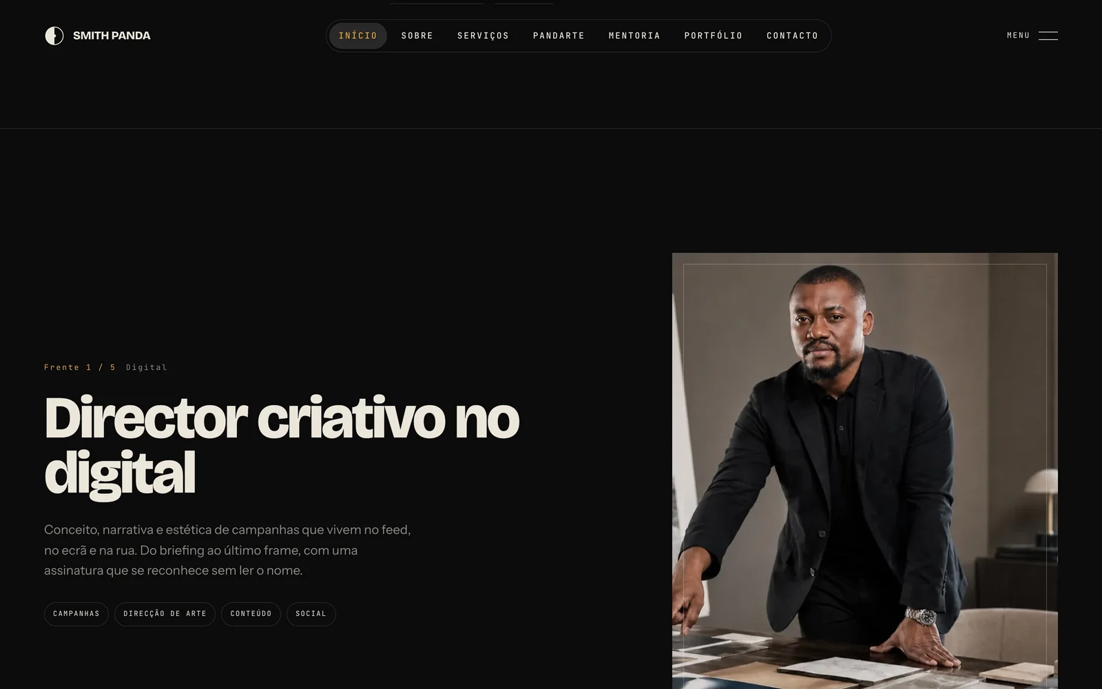 Secção «Cinco frentes» do site, a mostrar a frente de direcção criativa no digital.