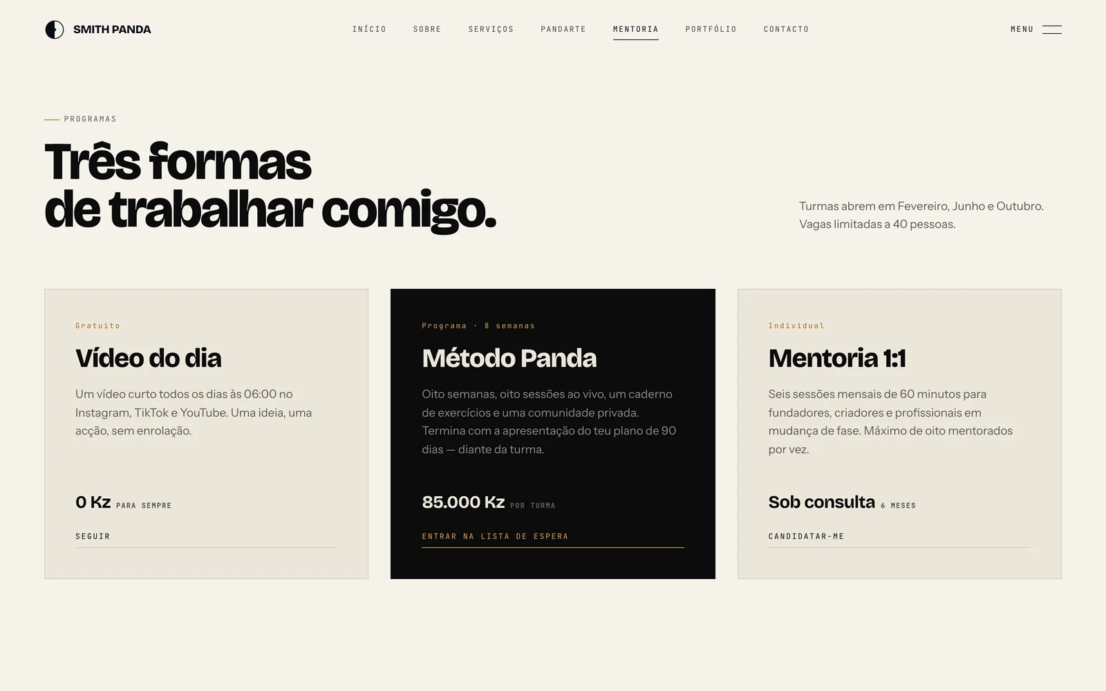 Página da mentoria, com os três programas e os respectivos preços.