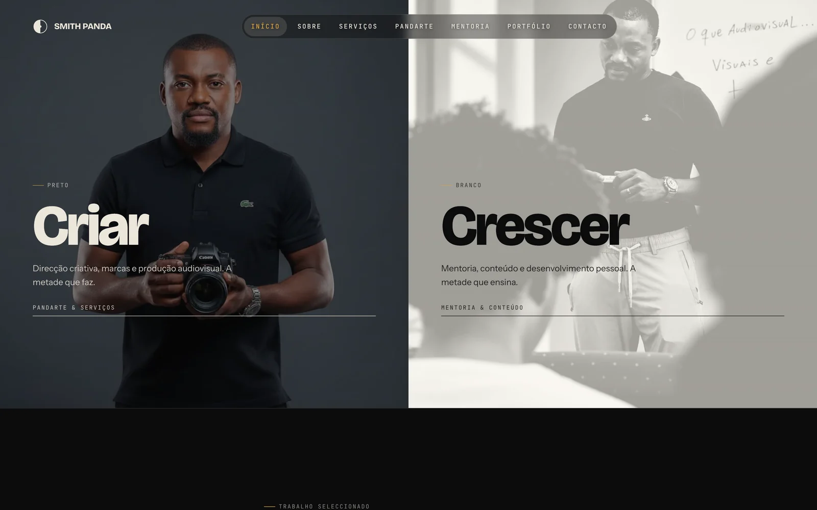 A secção que divide o site em duas metades: «Criar», a preto, e «Crescer», a branco.