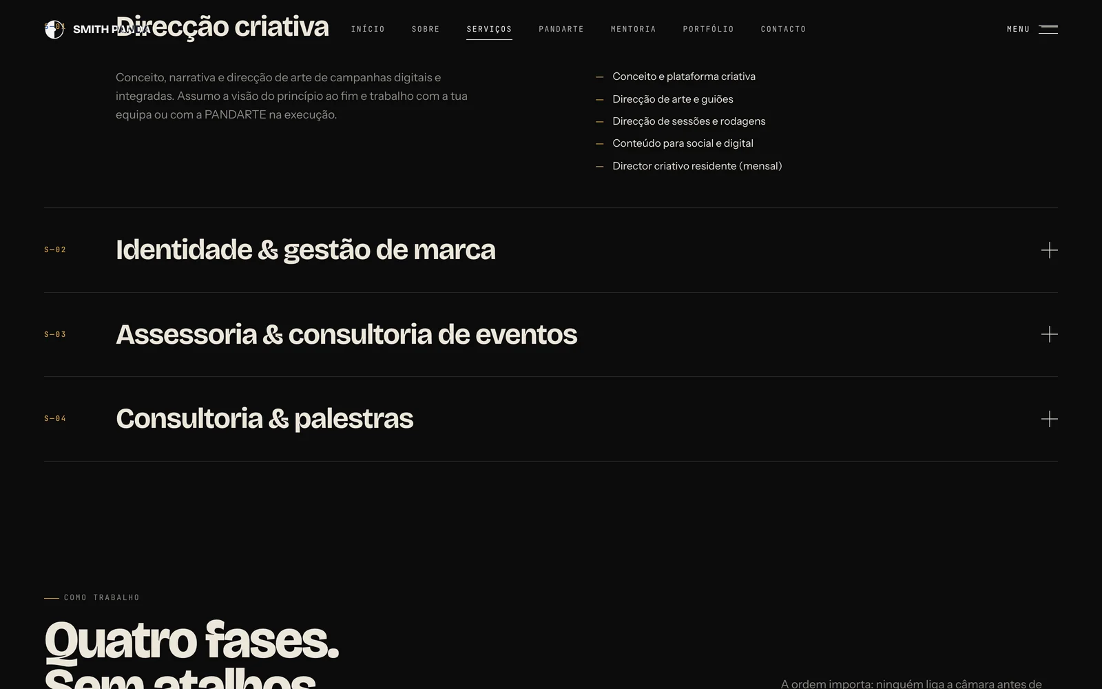 Página de serviços, com os quatro serviços em lista expansível e o primeiro aberto.