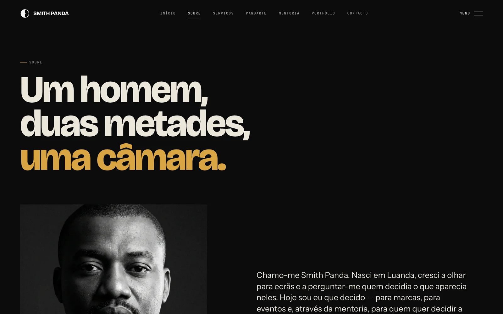 Página «Sobre», com o título «Um homem, duas metades, uma câmara».