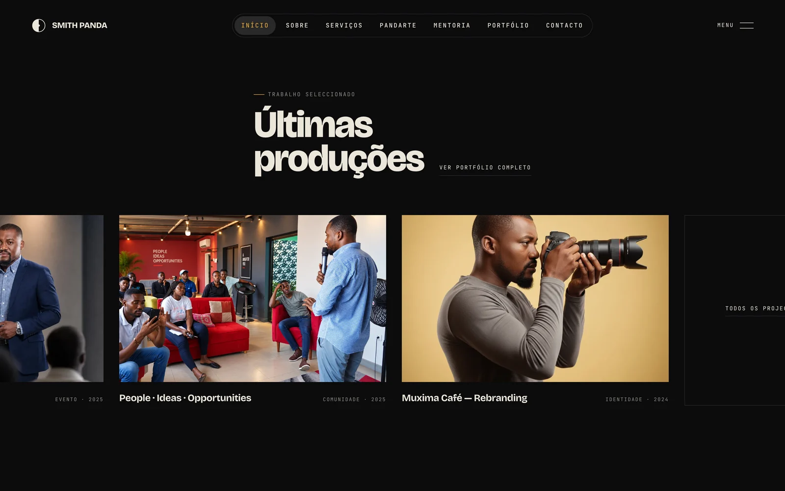 A secção «Últimas produções» da página inicial, com os projectos em cartões.