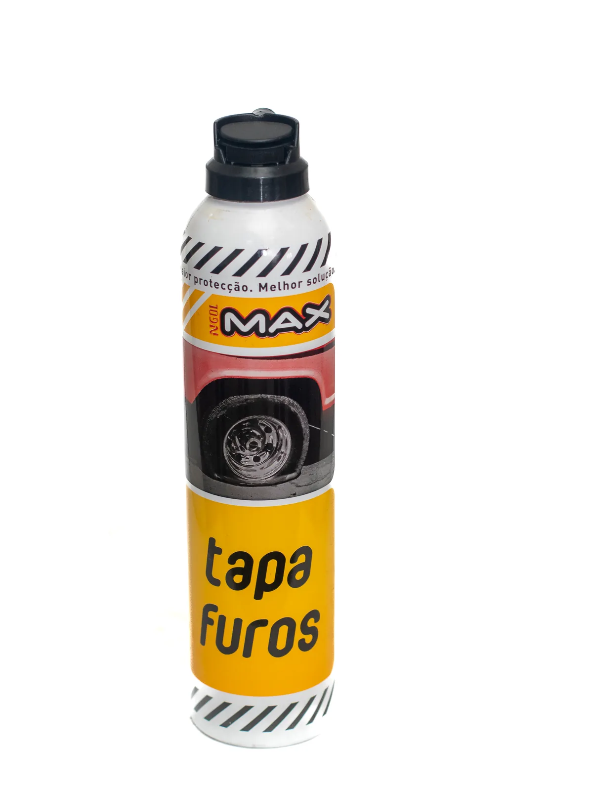 Embalagem em aerossol do tapa-furos MAX, sobre fundo branco.