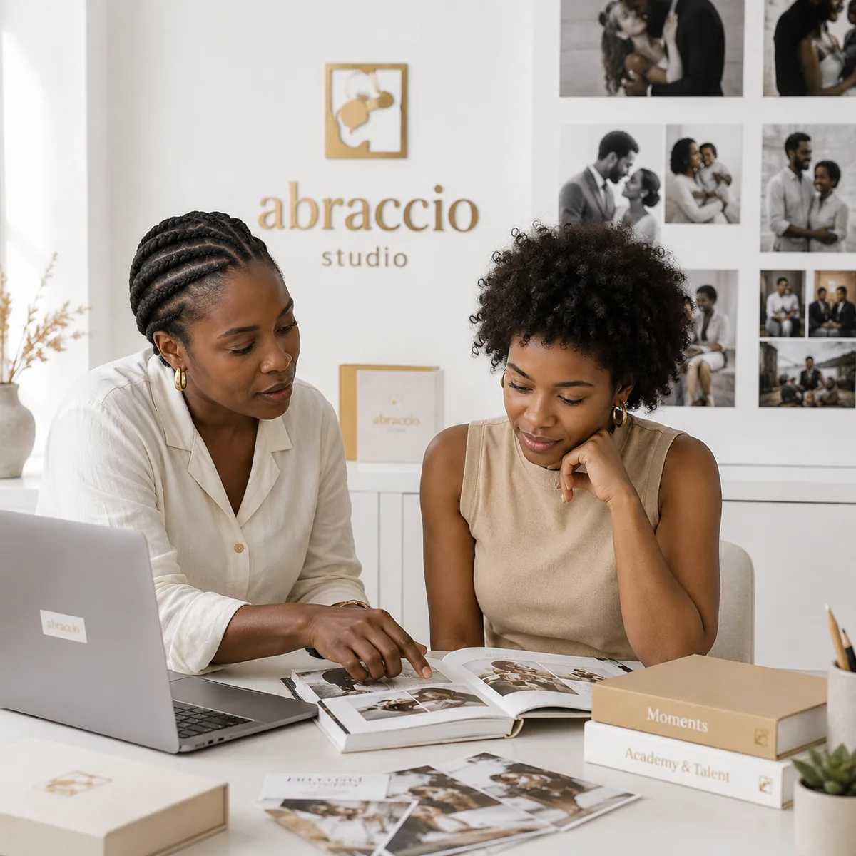 Duas pessoas a folhear um álbum de casamento, com os livros Moments e Academy & Talent sobre a mesa.
