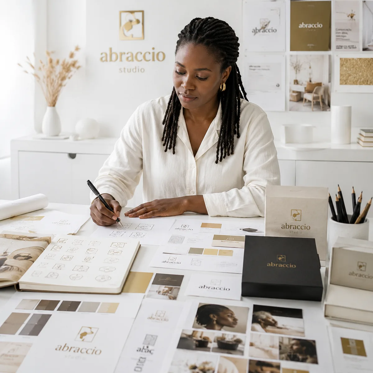 Designer a desenhar propostas de símbolo à mesa, rodeada de pranchas de cor e material impresso da marca.